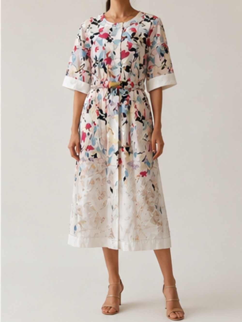 Donna Karan New York Floral Abstract Belted Midi Dress Gold Buckle Size S
